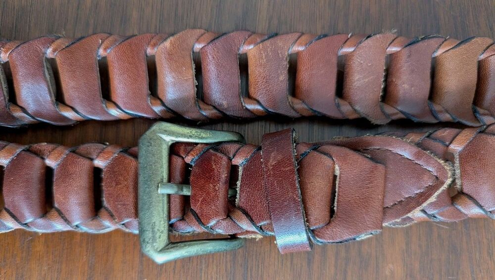 Vtg 90s Braided Ladder Box Woven Leather Belt Brown Brass Buckle Preppy Classic - Picture 4 of 10